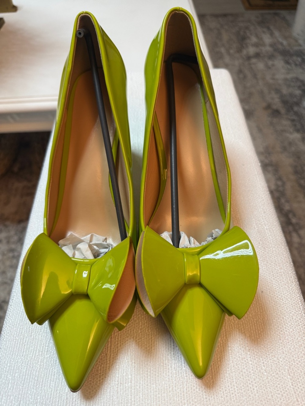 Patent Pointed-Toe Bow Pumps in Lime Green